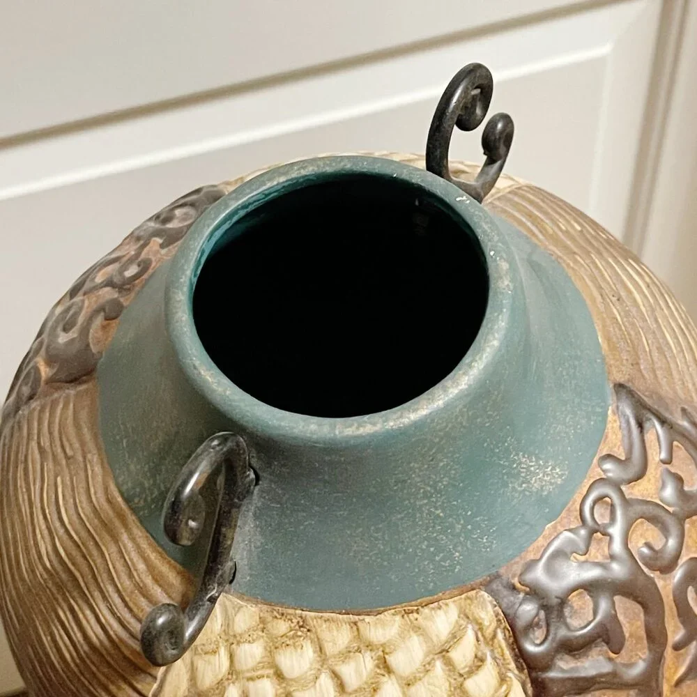 Pier 1 Vase Tan Turquoise Blue Multi Color Texture Pattern Ceramic Metal Unique!